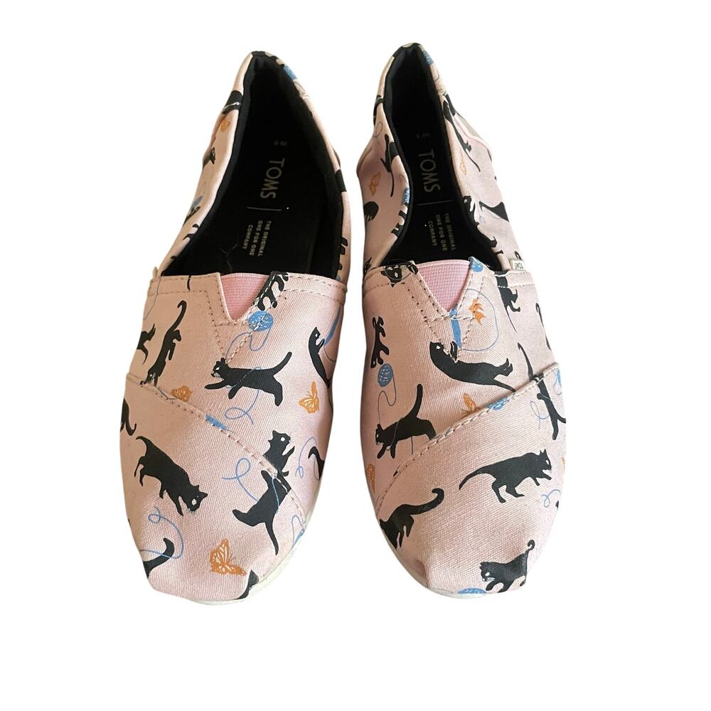 TOMS Classic Alpargata Womens 8 Pink Cat Print Canvas Slip On Shoes Kitty